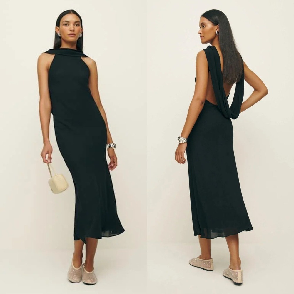Reformation‎ | NWT Portia Scarf High Draped Neck Open Cowl Back Midi Dress Black